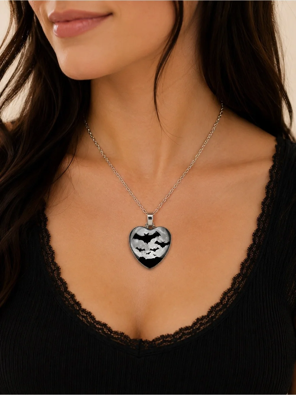 Dome Shape Heart Silver & Black Bat Necklace – Gothic Moon Glass Pendant